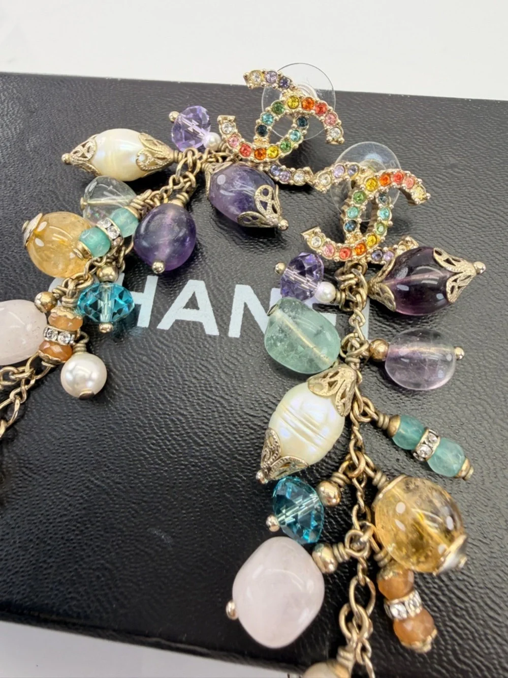 CHANEL Rainbow Strass Multi Stone Gold-Tone CC Drop Dangle Earrings